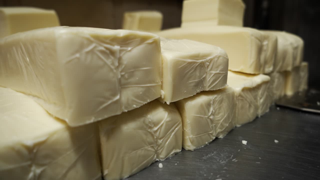 Blocchi di formaggio bianco commerciale pronto per ristoranti impilati, primo piano ravvicinato con slider in slow motion 4K.