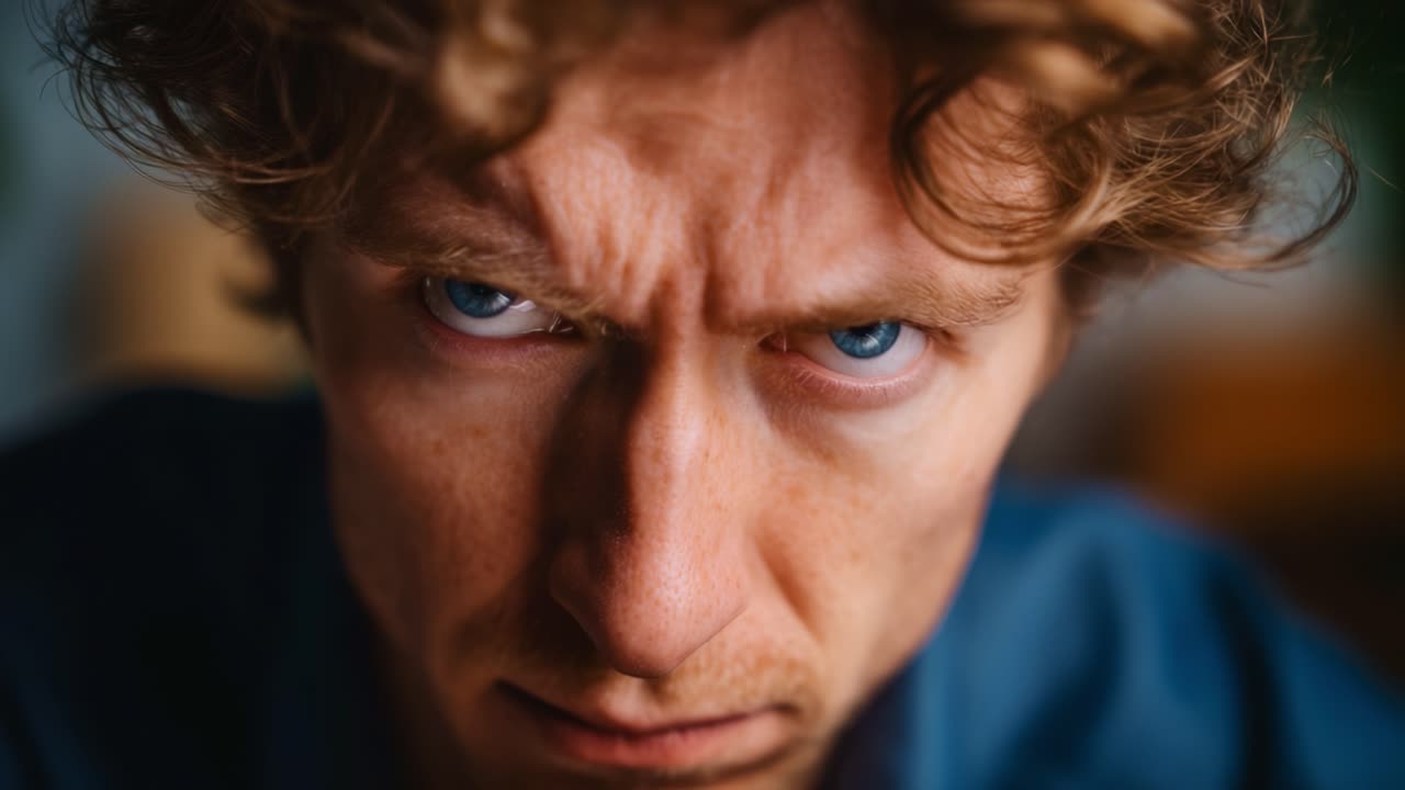Primo piano intenso di una persona con capelli ricci e penetranti occhi azzurri che mostra forza ed emozione nel momento