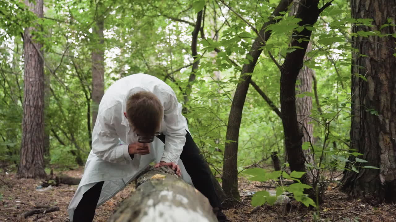 Biologist in white lab coat bending over fallen stump using microscope for close observation in dense forest, carefully studying natural growth and ecological environment among woodland trees