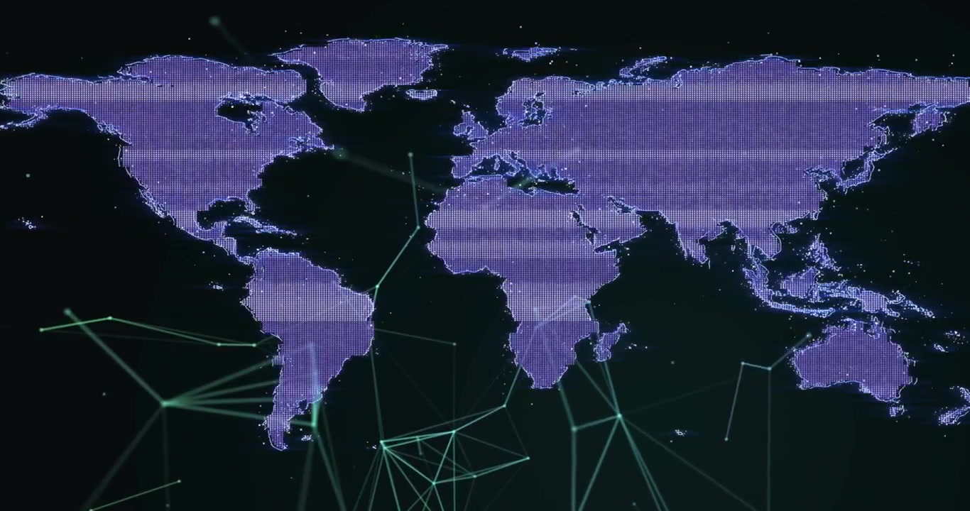 Dark screen opening purple map outline, network shifting, scan lines sweeping, visualizing links