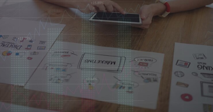 Animation of financial data and graphs over hands of caucasian using tablet
