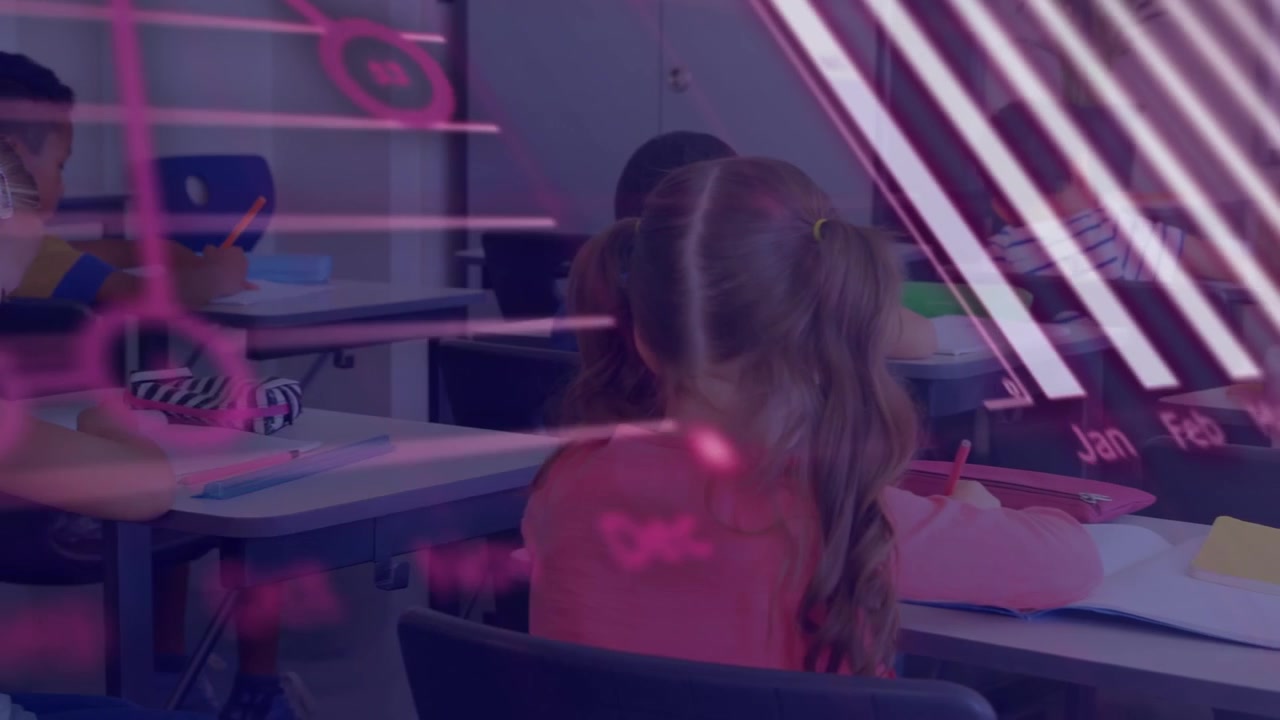 Elementary Students Studying in Classroom with Digital Data Overlay