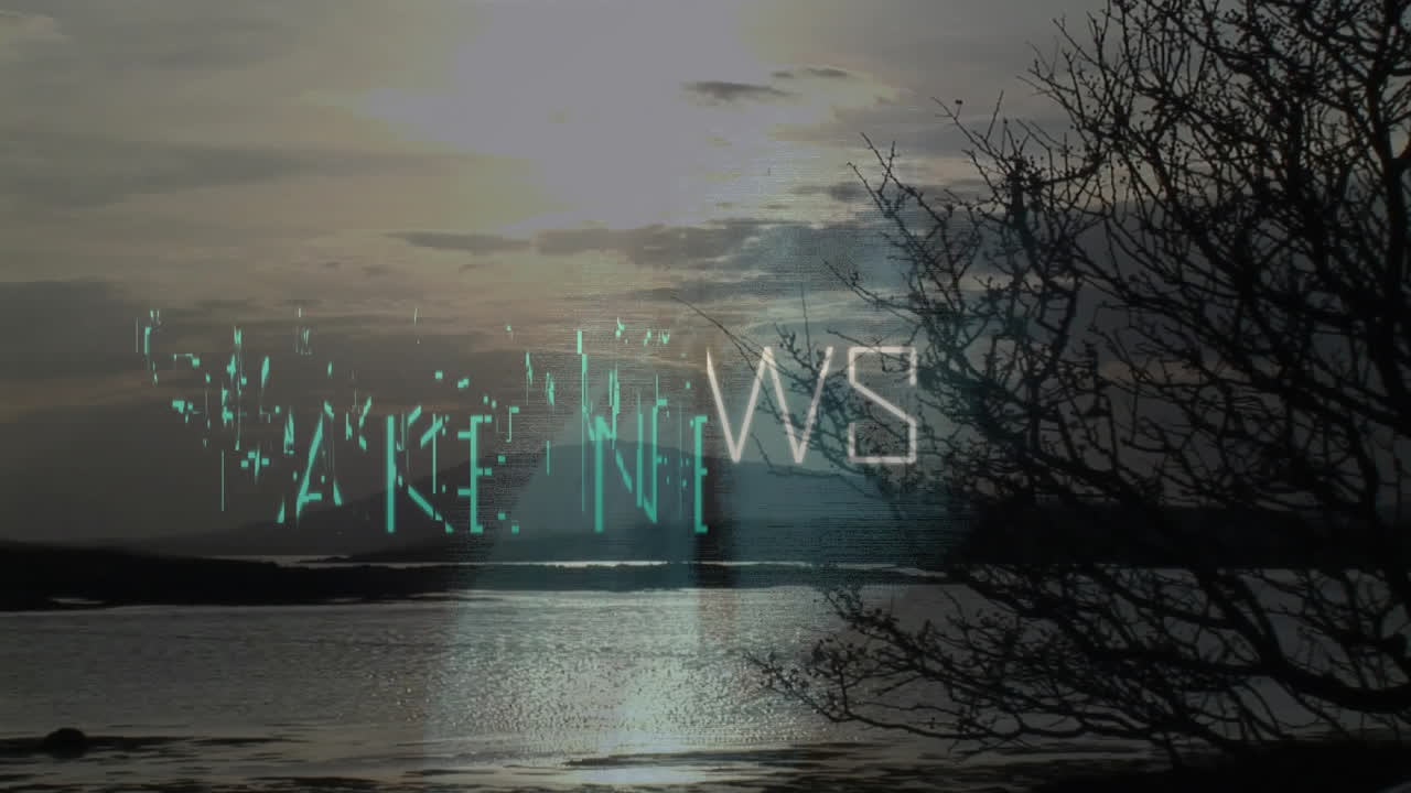 Animation of fake news text overlay on serene lake scene with sunset and tree