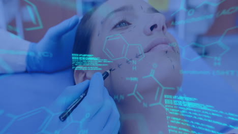 animation of chemical formula and data processing over surgeon preapring patient for surgery