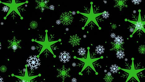 Animation-of-green-christmas-snowflakes-falling-on-black-background