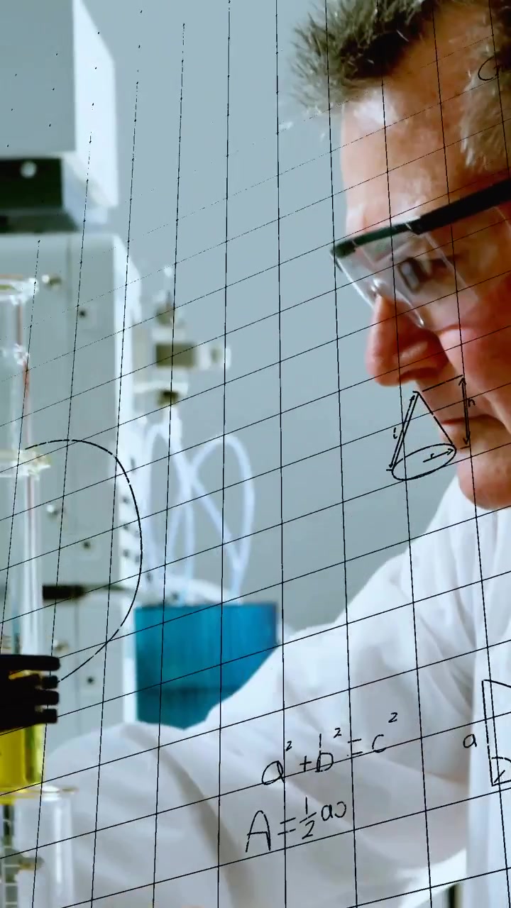 Vertical video: Senior lab tech grasping tube tweaking clamp and checking liquid with grid formulas