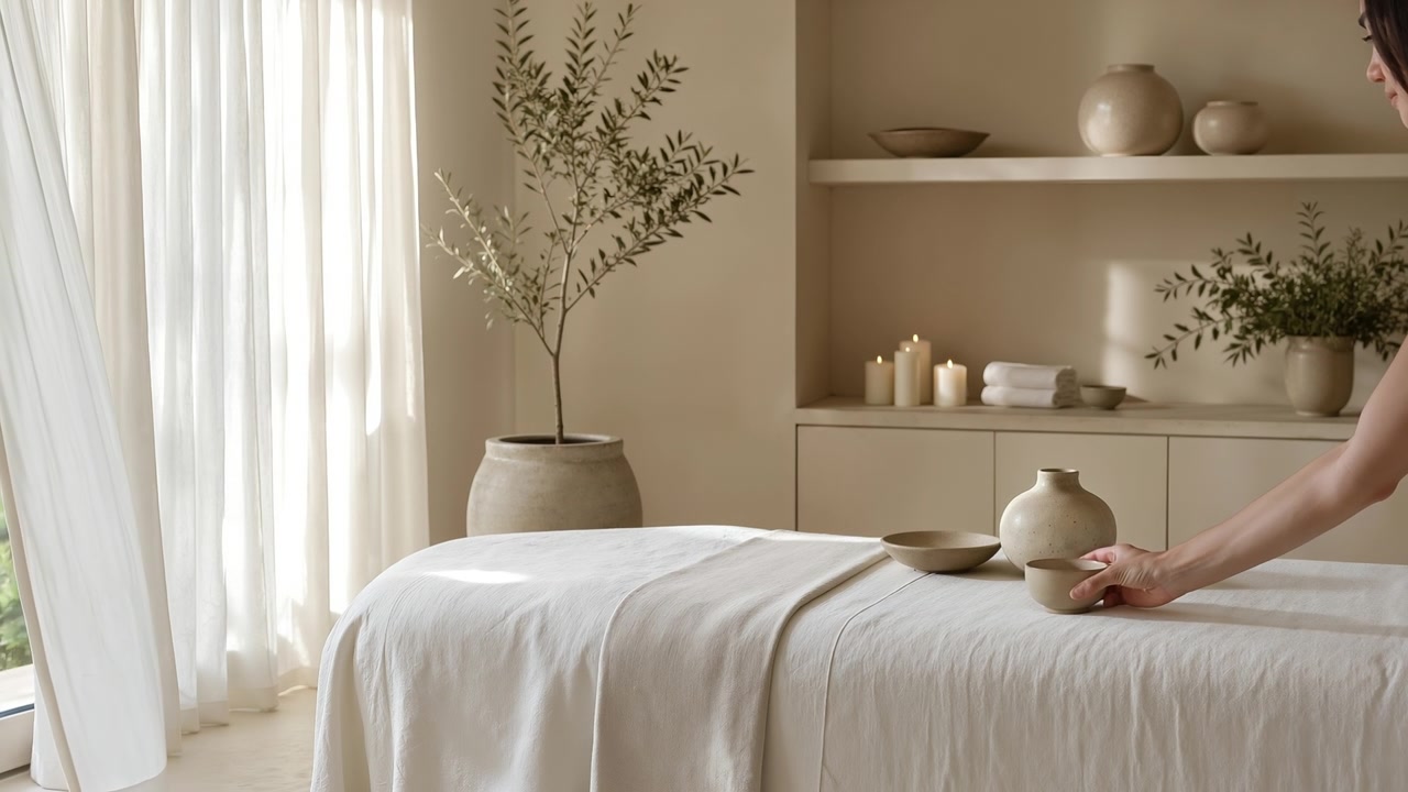 Minimalistisk spa-behandlingsrom med massasjebenk og nøytralt interiørdesign