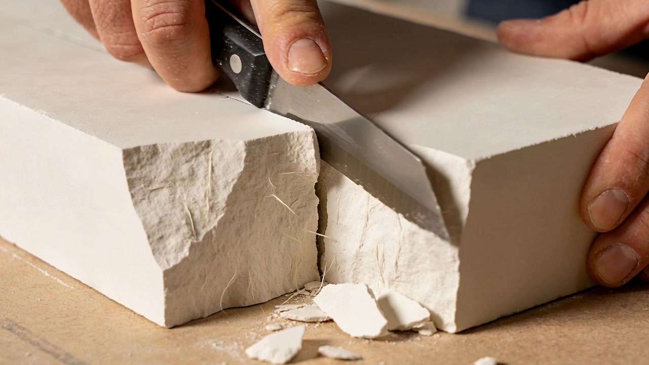 Placing knife into scored groove, hands bare prying white block on workbench, releasing flakes