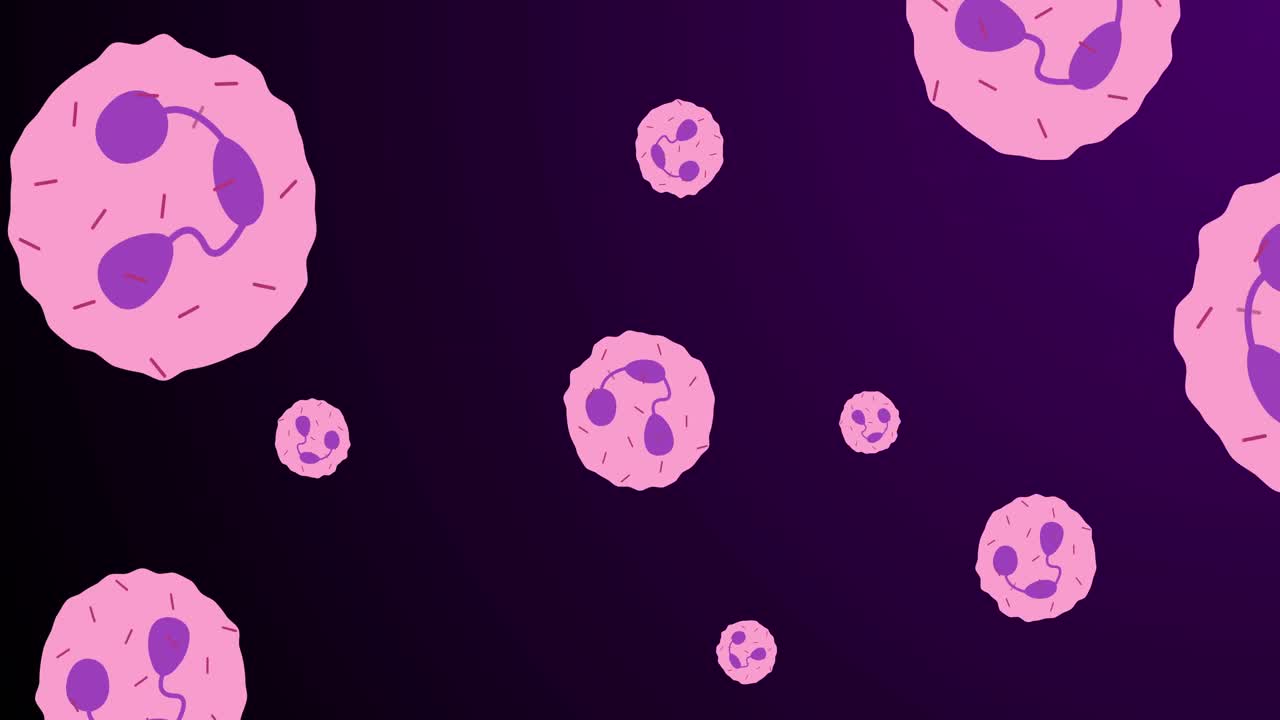 animación de células rosadas y violetas que se mueven sobre un fondo violeta oscuro