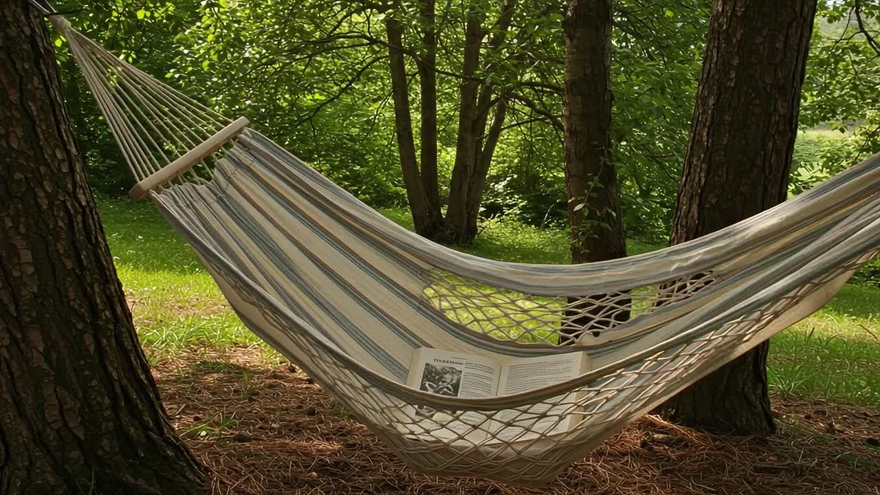 Relaxing in Nature: A Hammock Cradles an Open Book Amidst Lush Greenery for the Perfect Afternoon Retreat