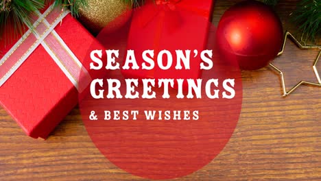 Animation-of-seasons-greetings-and-best-wishes-in-circle-over-christmas-decorations-in-background