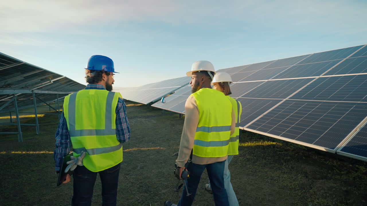 Workers inspecting a solar panel field