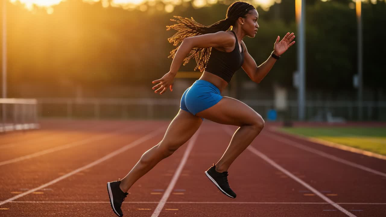 Dynamische Sprint-Session: Eine Sportlerin in Bewegung auf einer Laufbahn bei Sonnenuntergang, die die Essenz von Geschwindigkeit, Entschlossenheit und sportlicher Höchstleistung einfängt