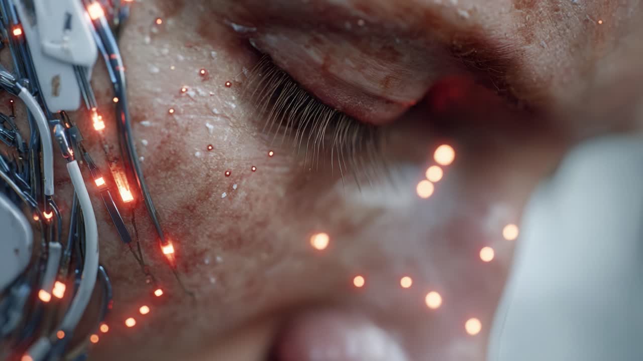 A Close-Up Perspective of a Futuristic Human-Cyborg Interface Demonstrating Complex Technology and Emotion Through Detail-Rich Visuals