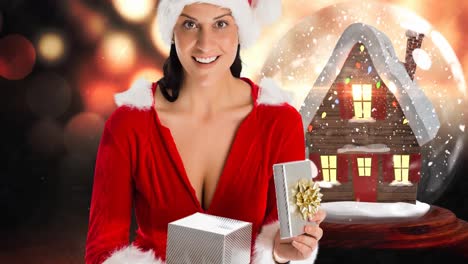 Animation-of-happy-caucasian-woman-wearing-santa-hat-opening-present-over-snow-globe