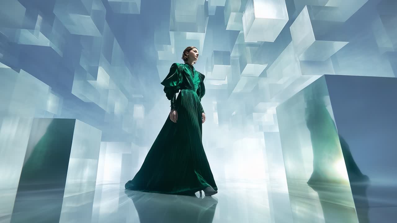 A captivating figure elegantly showcases a stunning green gown in a surreal, reflective environment filled with translucent geometric shapes and ethereal lighting, embodying modern fashion and artistry