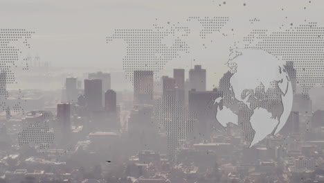 world map animation over cityscape with tall buildings and hazy skyline