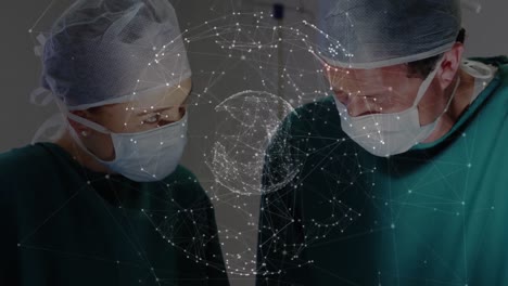 Animation-of-globe-with-network-of-connections-over-surgeons-in-operating-theatre