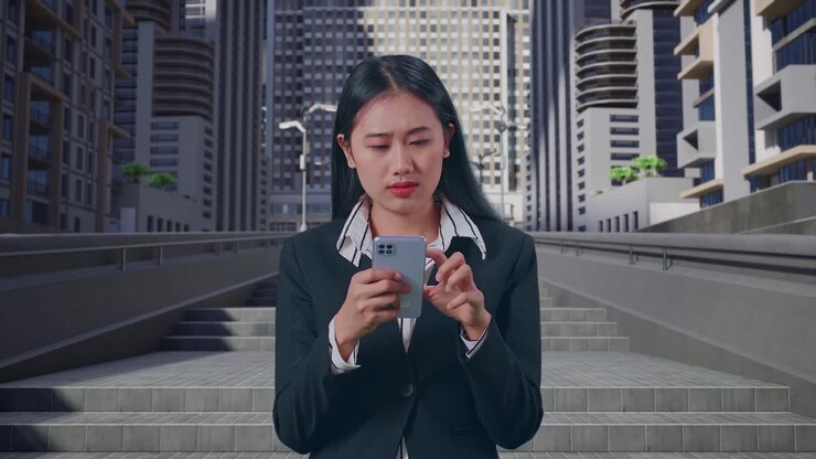 азиатская бизнесменка с головной болью во время использования мобильного телефона в городском городе