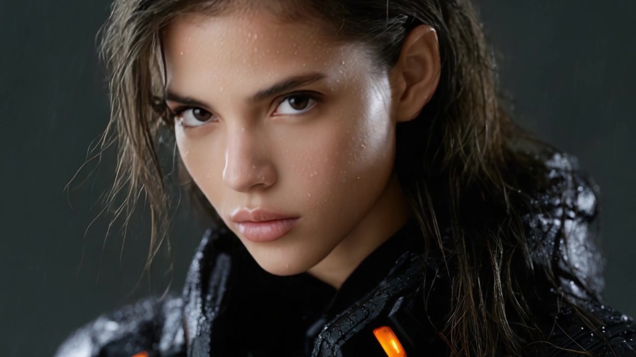 A deep emotional portrait of a young woman in a rain-soaked setting, capturing her intense expression and the unique reflections created by water droplets on her skin.