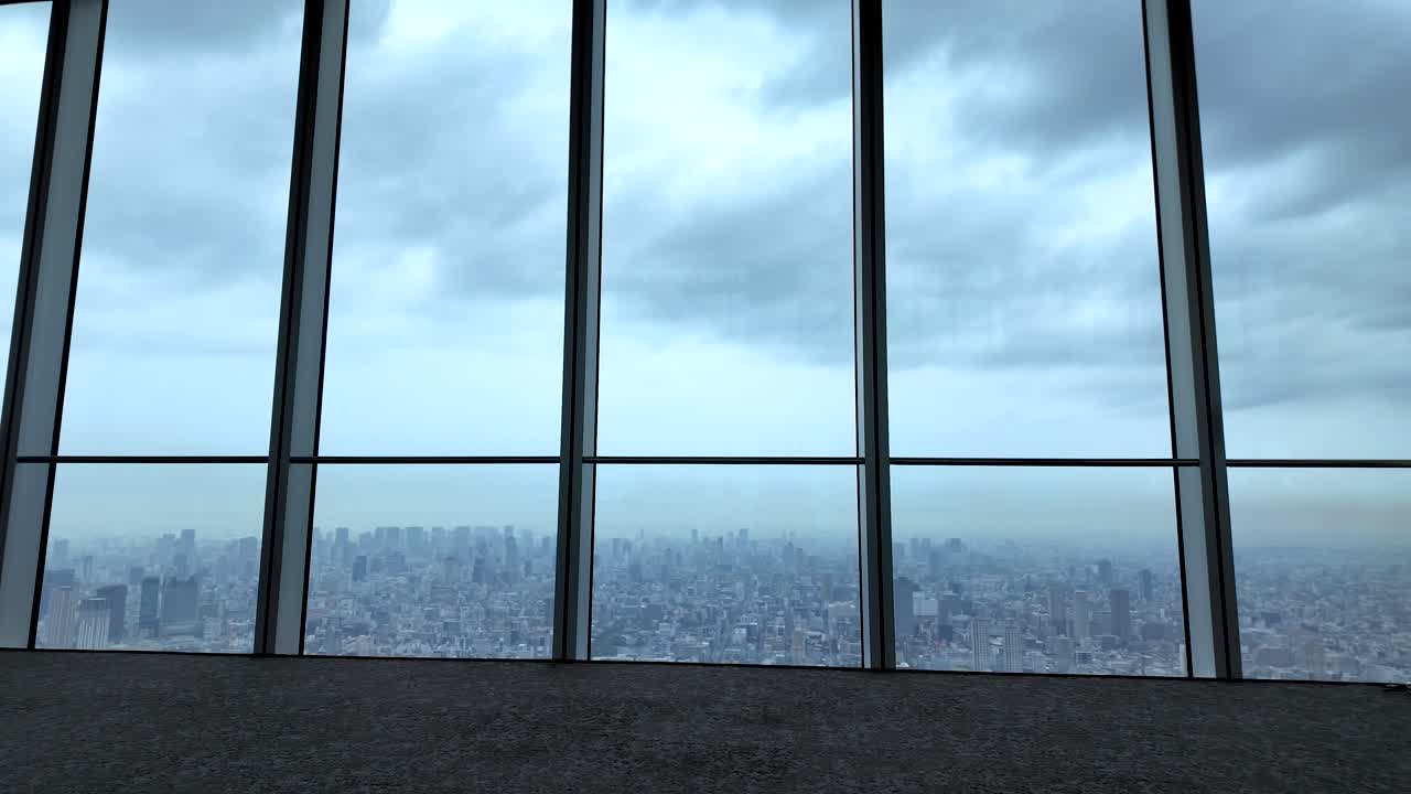 View from a large window of a skyscraper in Osaka, Japan, showing the skyline under a cloudy sky
