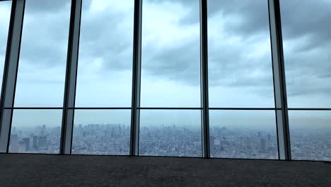 view from a large window of a skyscraper in osaka, japan, showing the skyline under a cloudy sky