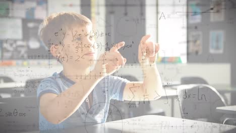 Animation-of-mathematical-equations-over-school-boy-in-classroom