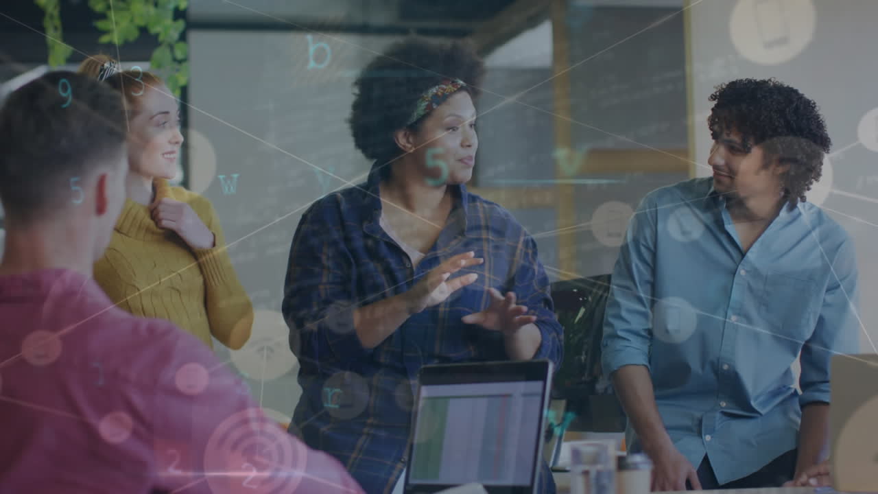 Animation of financial data processing over diverse business people in office