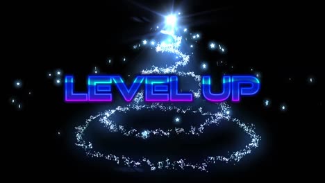 Animation-of-level-up-text-over-blue-stars-and-trail-of-light