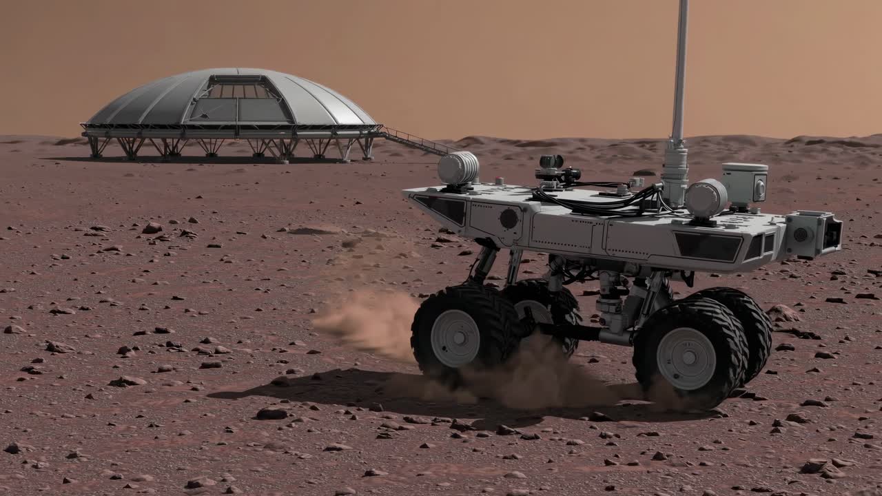 Mars Rover Exploring a Martian Base
