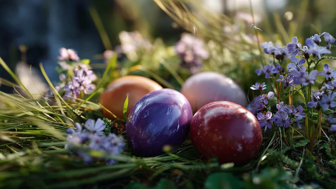 Sunlight bathes colorful Easter eggs nestled in grass. Tiny purple flowers surround the eggs in soft focus. Grassy field glows with spring's gentle warmth and color