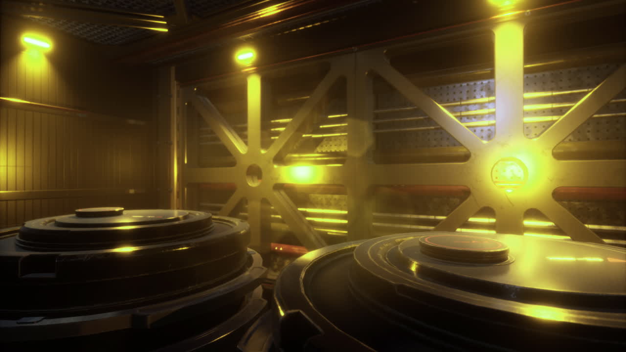 Golden hues shine on futuristic metallic structures in a sci fi scene