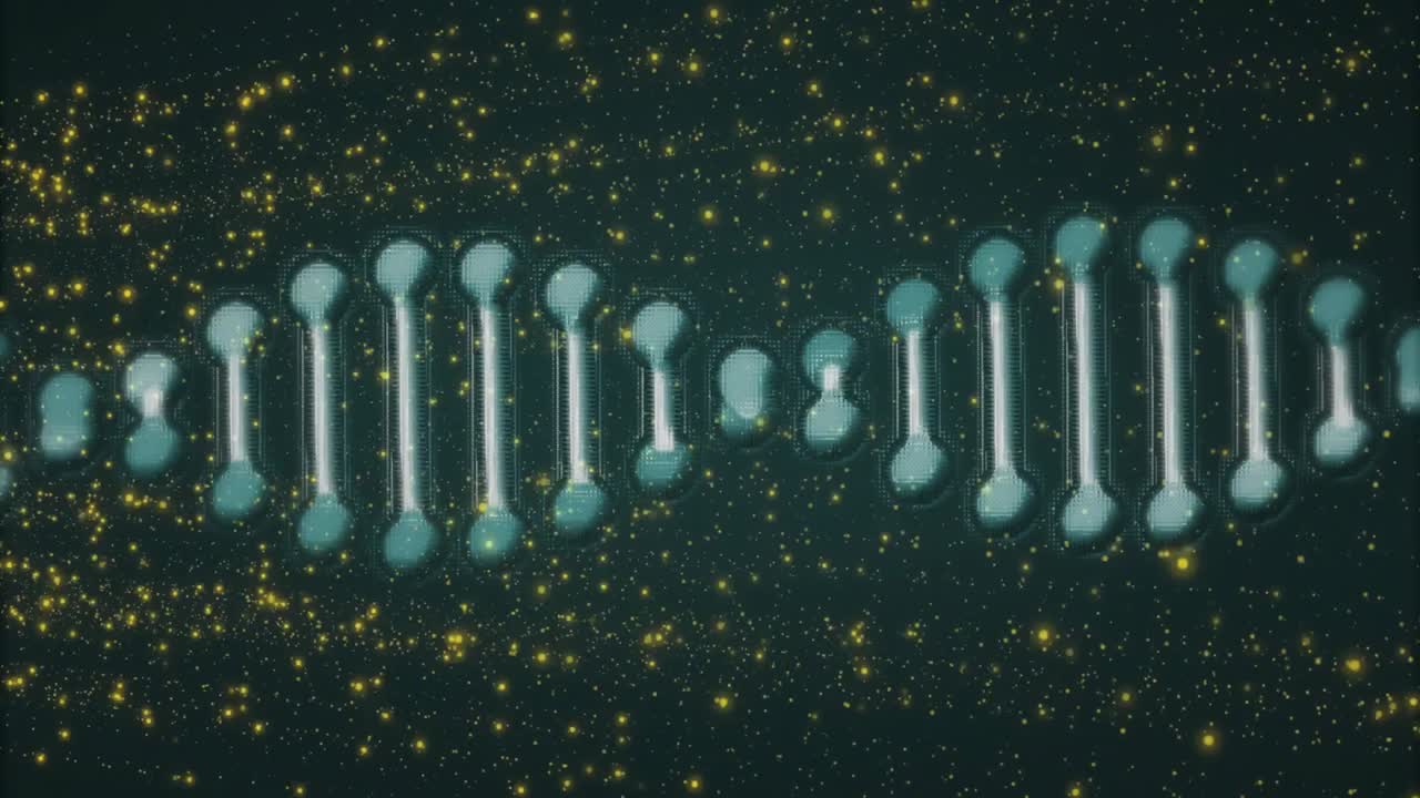 Scene opening initiating stylized helix rotating clockwise then reversing for molecular space view