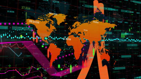 in school, animation showing world map with financial data and graphs overlaying
