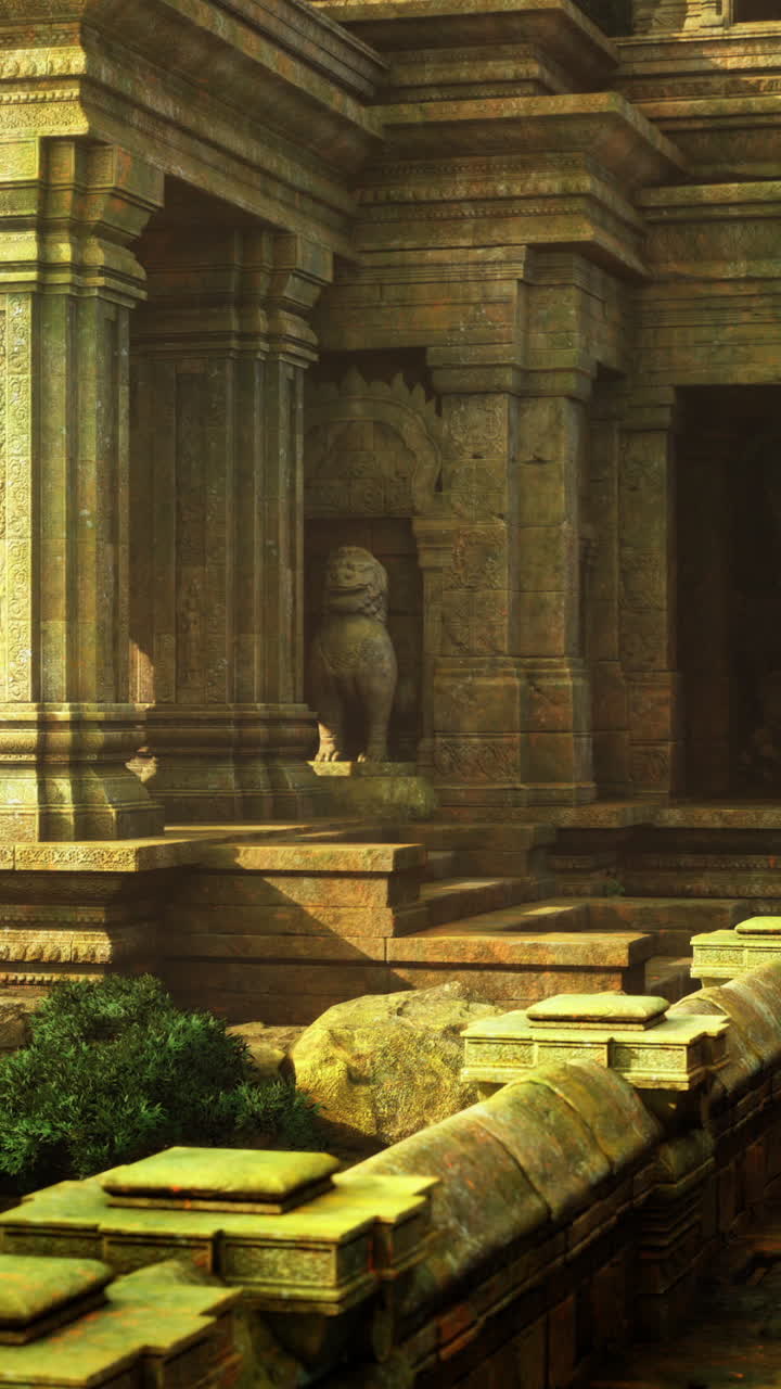 Ruins of an ancient temple nestled in a lush forest during golden hour