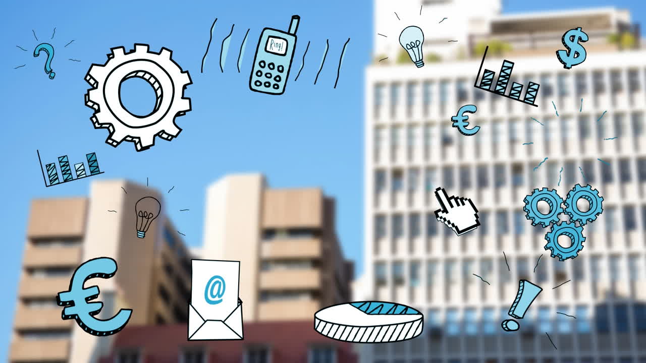 사무실 물건의 다채로운 아이콘이 배경에 초점을 맞추지 않은 건물에 있습니다.