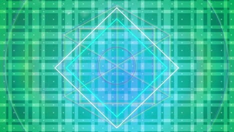 animation of glowing neon geometric figures on green pattern