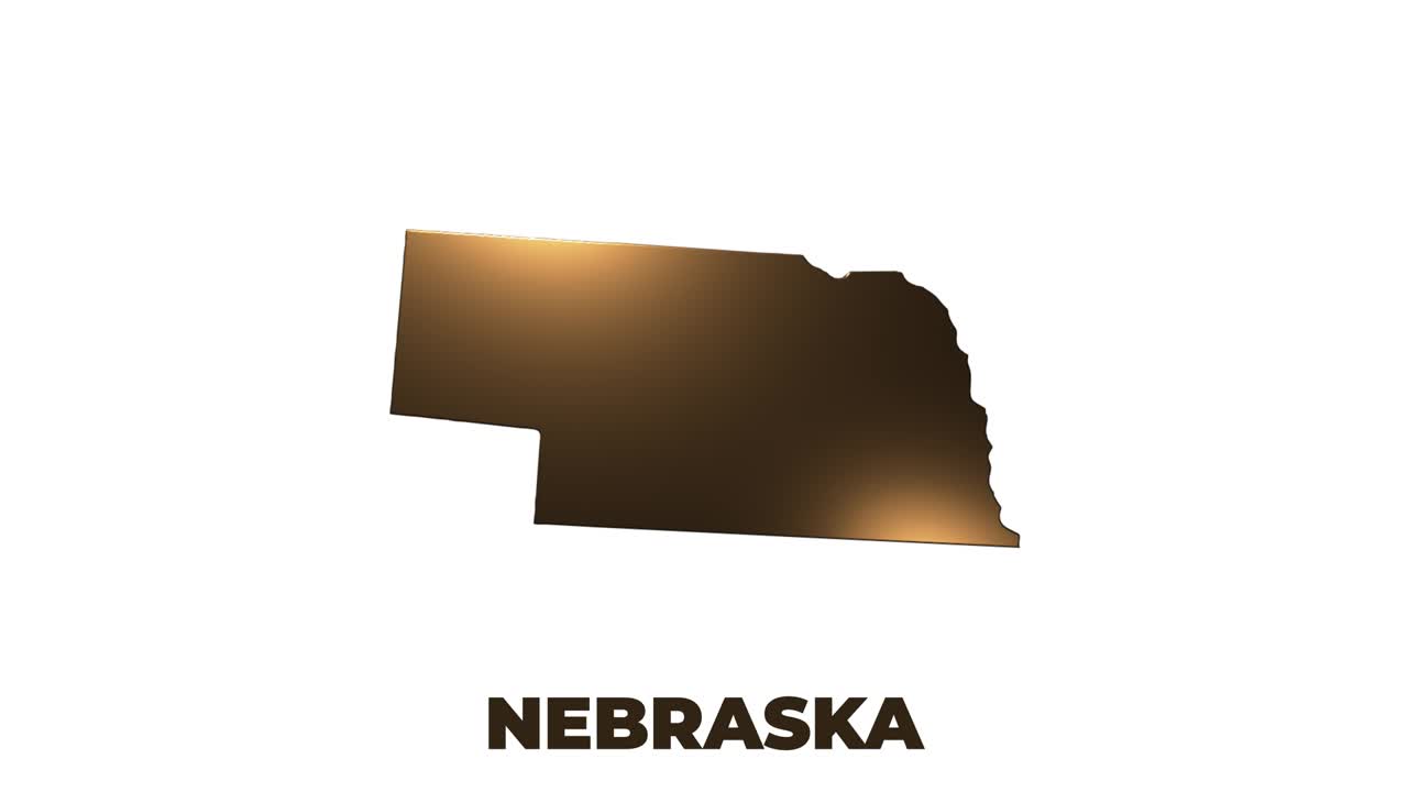 미국 네브래스카 주 (nebraska state of the united states of america) - 지도에 애니메이션 3d 골드 위치 마커, 비디오에서 화면 투명성 모드로 사용하기 쉽다.