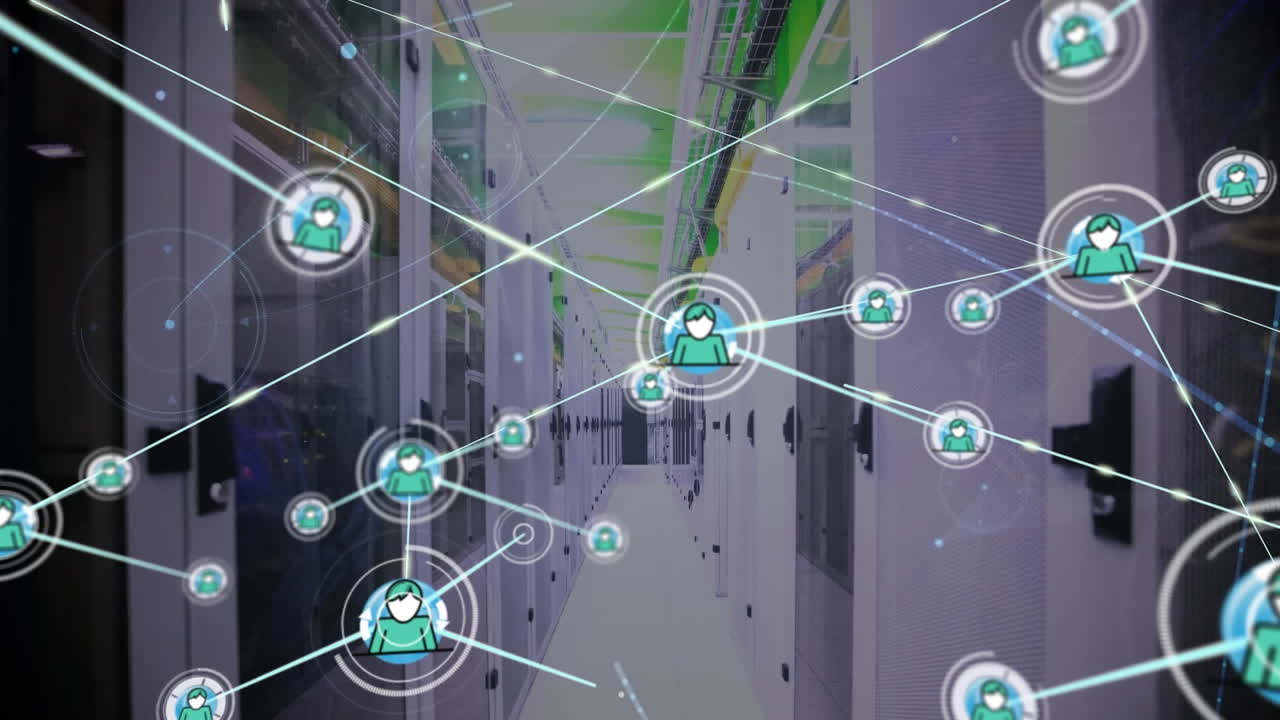 Animation of network of profile icons and light spot against computer server room