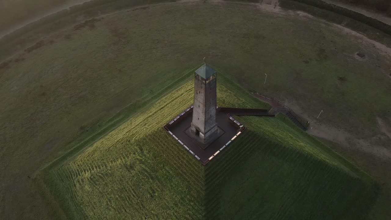 Luftfoto af historisk pyramide monument i efterårsskov ved solopgang i Austerlitz, Holland med fantastisk solopgangsbelysning, rolig atmosfære, droneoptagelser i høj kvalitet der viser smukke landskaber