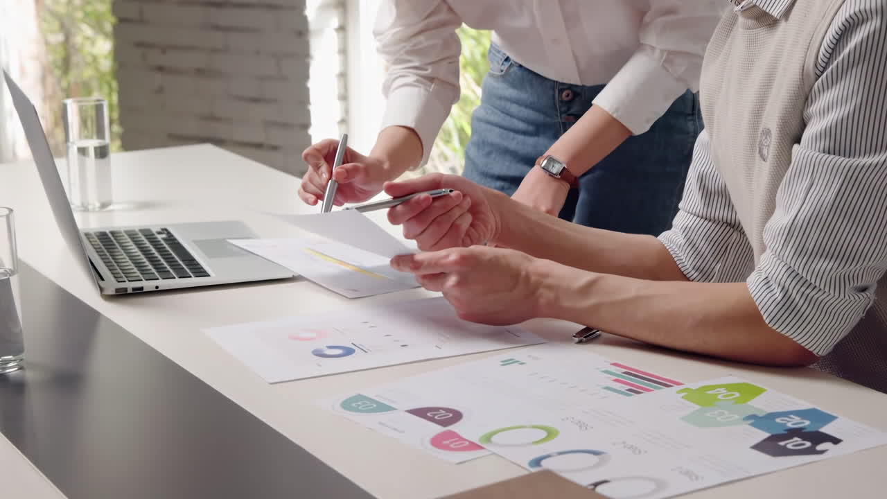 Briefing discussion, financial portfolio, business people in meeting for teamwork, investment profit, paperwork. Online, research or budget analyst with economist for audit feedback, planning project