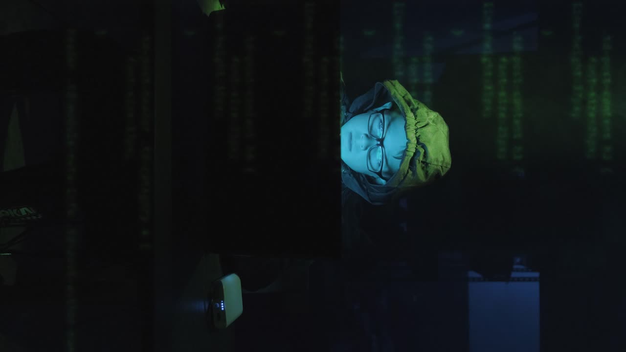Vertical Shot Of A Young Male Hacker In Front Of Laptop With Superimposed Computer Code Moving Up On Screen.