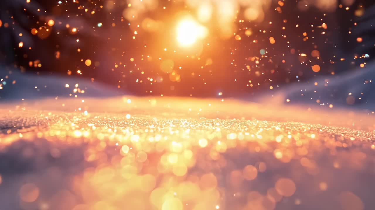 A snowy landscape with a bright sun in the background. The sun is shining through the snow, creating a beautiful and serene scene