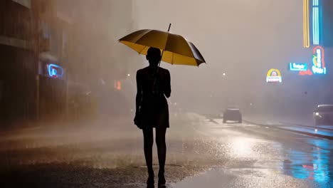 woman with umbrella in rainy night city