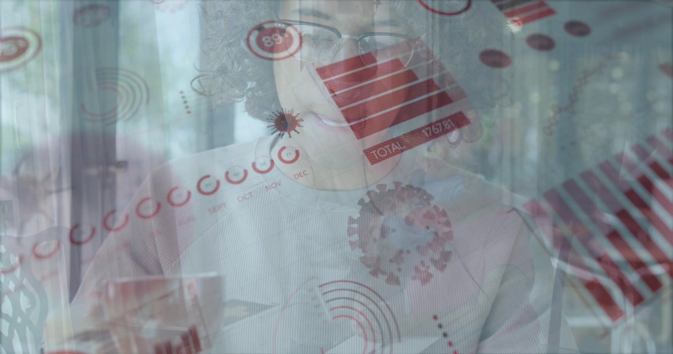 Animation of covid cells and world map over woman in face mask