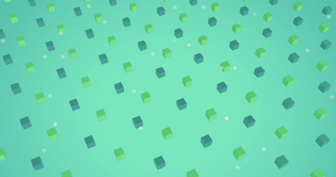 Animation of snowflakes falling over 3d structures in seamless pattern against green background