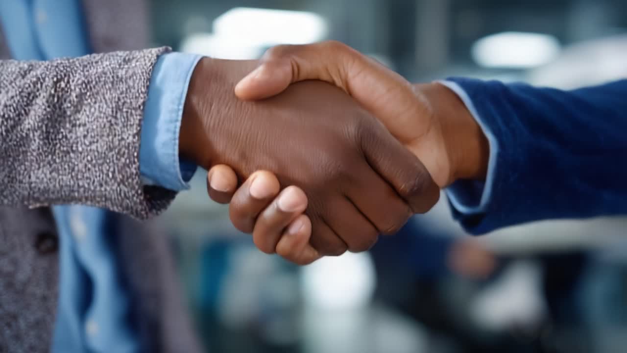 Two individuals engaged in a firm handshake signifying agreement and mutual respect, highlighting the importance of connection and collaboration in professional settings