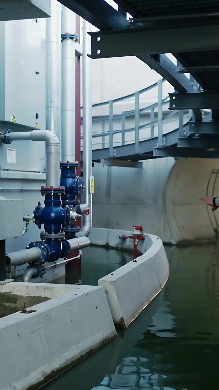 Vertical video: Entering plant two crew in hi-vis hats and vests checking basin and pipes with wre