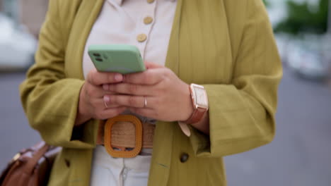 Cellphone,-hands-typing-and-woman-walking