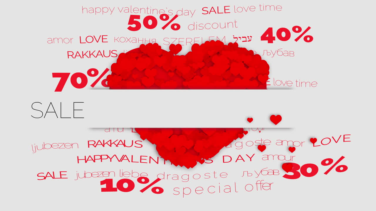 Happy Valentine's Day Sale Seasonal Banner. Beautiful Background with Realistic Red Hearts and words of love. Holiday animation with Discount Offer.